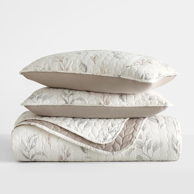 Merit Linens Soft Quilt Coverlet Bedding Set - Pattern/Solid Reversible - Full/Queen Latte