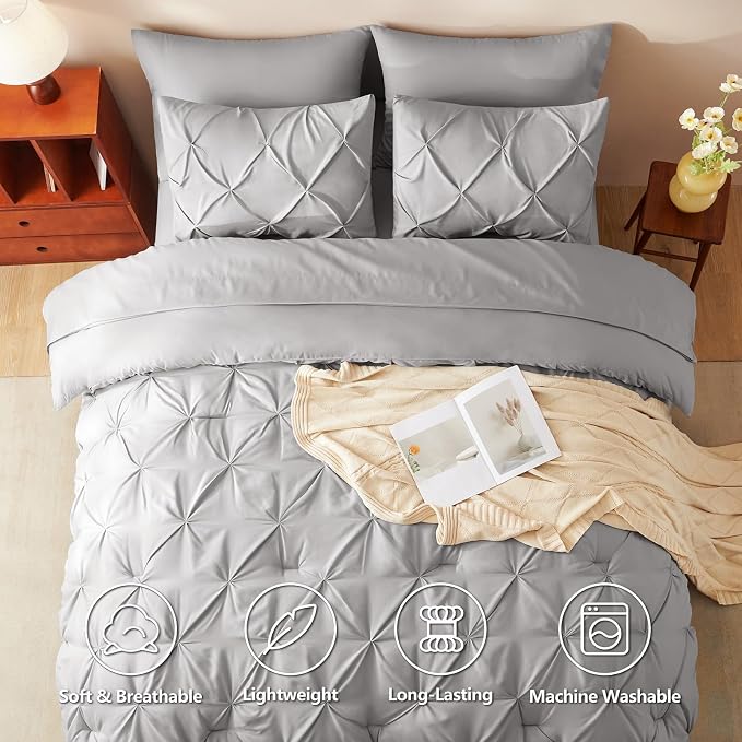 Oversized Queen Comforter Set French Grey, 7 Pieces Bed in a Bag | OEKO-TEX 100 Certified, 240GSM All Season, Bedroom, Guest Room, Down-Alternative Comforter, Sheets, Pillowcases & Shams