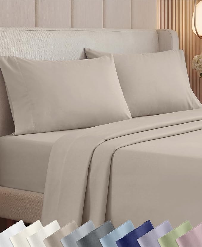 California Design Den 1000 Thread Count Deep Pocket Queen Sheets Set | Backed by Good Housekeeping Seal - 100% Cotton Sateen - Soft, Thick & Heavy, 16" Deep Pocket, Durable - Beige (Sand Tone)