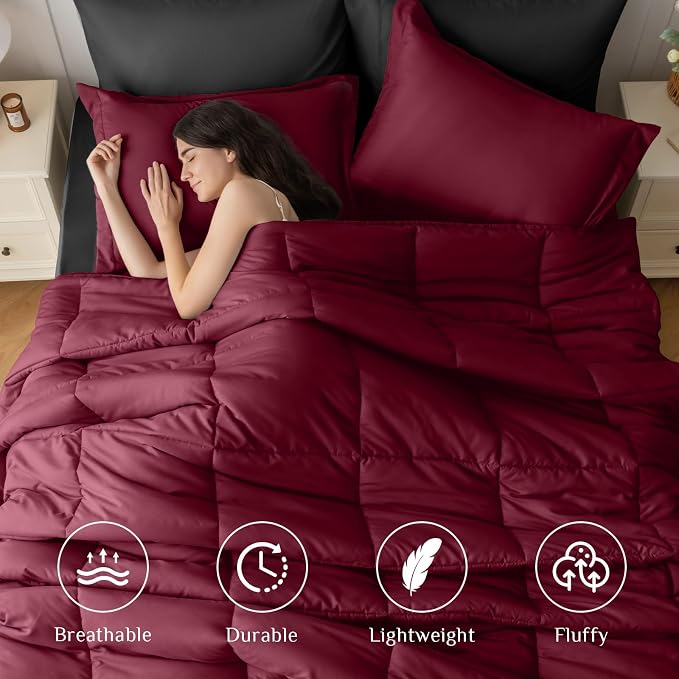 JOLLYVOGUE Full Comforter Set, Ultra-Soft Bed in a Bag Full Size 7 Pieces, Oeko-TEX Certified Bedding Set with Down Alternative Comforter, Sheets, Pillowcases & Shams, Burgundy & Black