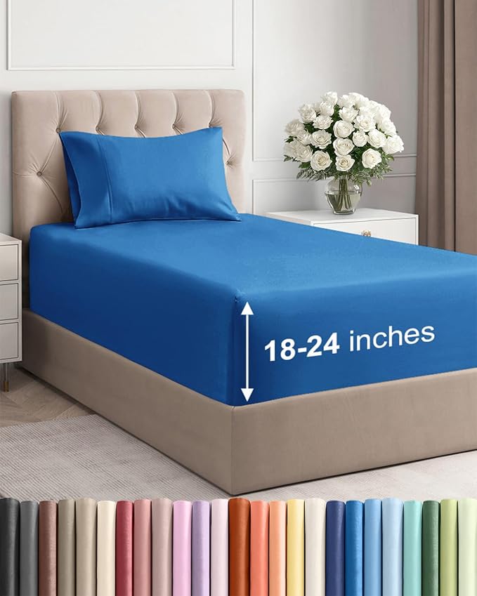 Extra Deep Twin Sheet Set - 3 Piece Breathable Cooling Sheets - Royal Blue | Easily Fits 18 to 24 inch Mattress - Ultra Soft, Wrinkle & Fade Free with Extra Deep Pockets - Comfy Hotel Luxury Bedding
