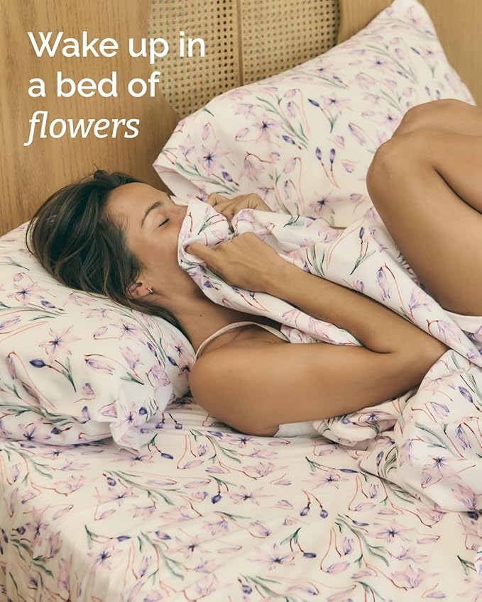 King 3 Piece Boho Botanical Floral Sheet Set - Breathable & Cooling - Iris | 1 Flat, 1 Fitted & 1 Pillowcase w/ Deep Pockets, Boho Botanical Floral Bedding, Breathable & Cooling, Wrinkle & Fade Free
