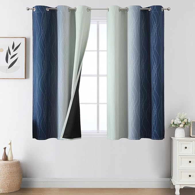 Sage Green and Navy Blue Ombre Blackout Curtains for Bedroom 45 Inches Long | Estelar Textiler Thermal Insulated, Light Blocking,Full Room Darkening Gradient Grommet Short Window Drapes,42Wx45L,2 Panels