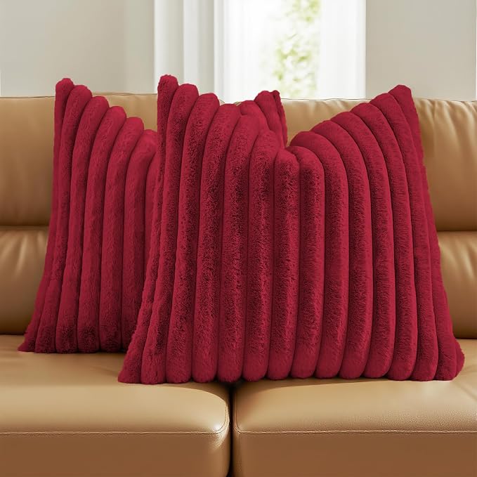 FUTEI Pack of 2 Faux Fur Throw Pillow Covers 24x24 Inch, Retro Red | Fluffy Faux Rabbit Fur Front/Premium Velvet Back,Hidden Zipper,Machine Washable,Non-Shedding,Colorfast,Insert Not Included.