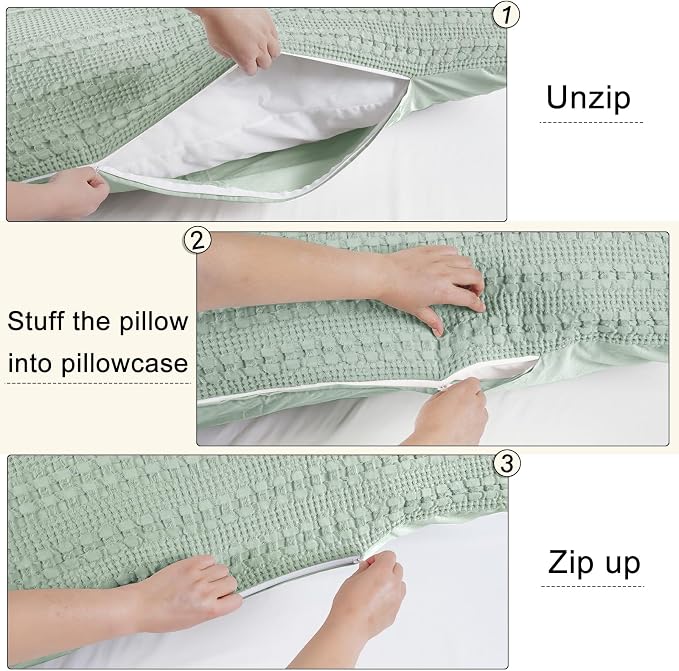 PHF 100% Cotton Waffle Body Pillowcase with Zipper, 1 Pack 20" x 54" Soft Skin-Friendly Pillow Sham, No Filling, Aesthetic Woven and Breathable Waffle Weave Body Pillow Cover for Bed, Mint Green