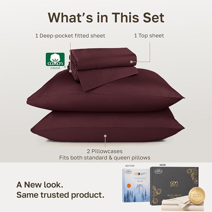 California Design Den 800 Thread Count Cotton Queen Sheet Set, Red Wine | 100% Cotton Sateen Backed by Good Housekeeping Seal - Soft & Thick, 16" Deep Pocket, All-Around Elastic, Durable, Easy Care