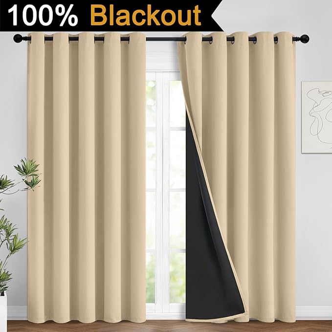 Yakamok Beige 100% Blackout Curtains 84 Inches Long for Bedroom 62" Wide | Blackout Curtain Panels for Bedroom, 2 Thick Layers Grommet Top Thermal Insulated Drapes with Black Liner for Living Room