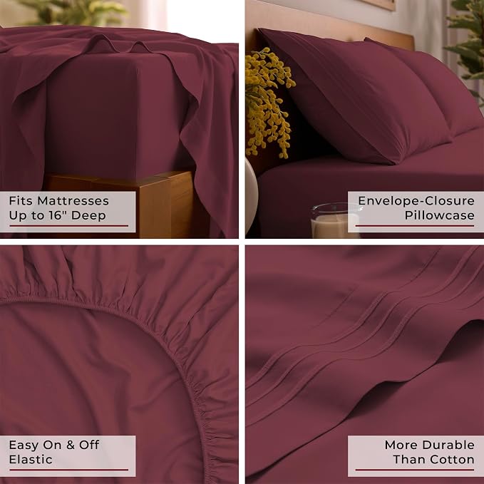 Mellanni Iconic 3-Piece, Ultra Soft Sheet Set (Twin XL, Burgundy) | 10M+ Sleepers. Lab-tested: Sleeps Cool, Stays Bright, Strong, Smooth. Good Housekeeping Best Bedding, 7 yrs running.