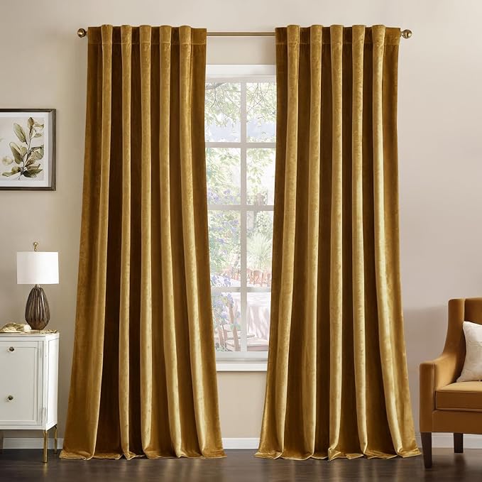 MIULEE Gold Velvet Curtains 52x96 inches Luxury Blackout Curtains | Thermal Insulated, Super Soft Window Drapes for Bedroom Living Room, Rod Pocket & Back Tab, Golden