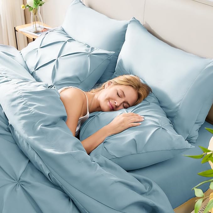 HIMEET Queen Comforter Set Light Blue - 7 Pieces Pintuck Bed in a Bag | OEKO-TEX Certified, 240GSM Down Alternative Comforter, 14" Deep Pocket Fitted Sheet + Flat Sheet + 2 Pillowcases + 2 Shams