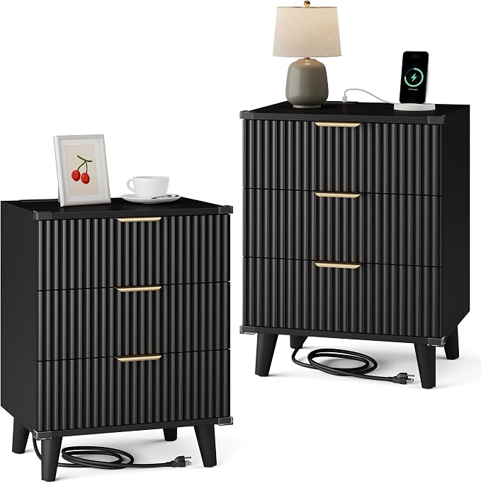 Wood Nightstands Set of 2 w/Charging Station, 3 Drawers Fluted Dresser | Black, Large Drawers, Metal Silent Rails, FSC Wooden, Sturdy Legs, Modern Fluted Panel, Living Room, Bedside Table