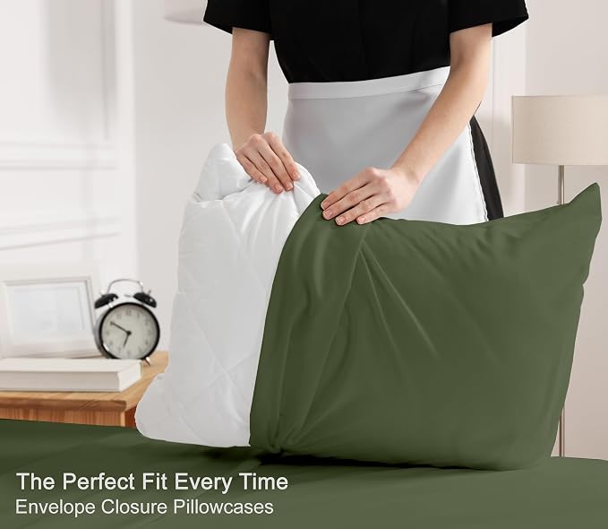 RUVANTI 100% Cotton Percale Sheets Queen Size, Chive | Crisp Cooling, Deep Pocket 16", Soft Breathable & Durable, Hotel-Style, 4 Piece Set