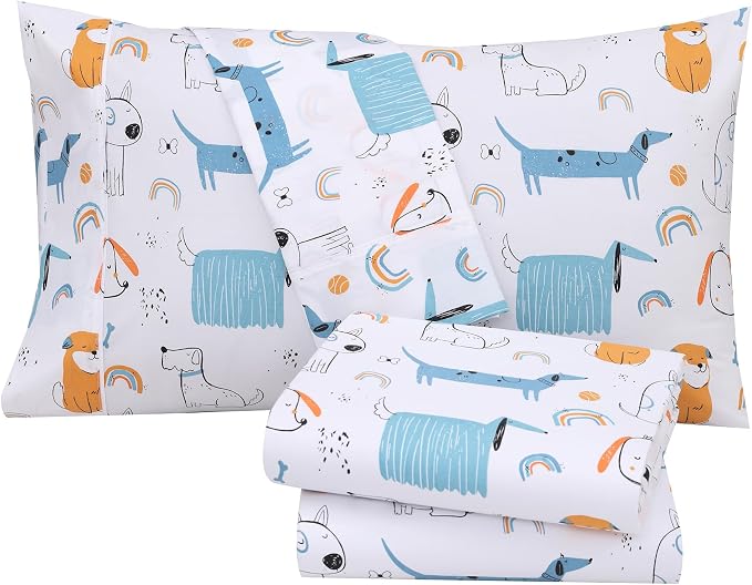 RUVANTI 100% Cotton Percale Sheets Queen Size, Puppy Me | Crisp Cooling, Deep Pocket 16", Soft Breathable & Durable, Hotel-Style, 4 Piece Set