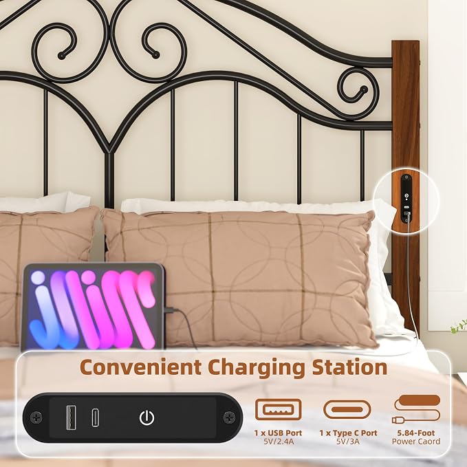 Headboard for Queen Size Bed Frame with Charging Station USB & Type C Ports | Vintage Platform Bed Headboard Only,Adjustable,Iron Legs,Easy Assembly,Black