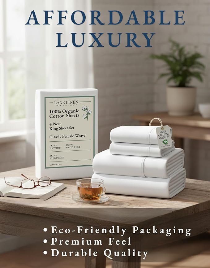 LANE LINEN King Sheets 100% Organic Cotton 4pc Percale Cooling Soft - White | GOTS Certified Organic Cotton Percale King Sheet Set - For Hot Sleepers, All-Season Comfort, For Master Bedrooms