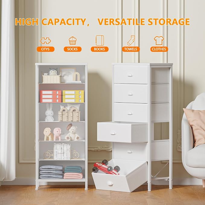 Furnulem White Dresser for Bedroom, 6 Fabric Drawers Chest of Drawers | Tall Skinny Dresser for Closet, Vertical Storage Tower Unit, Tall Nightstand for Dorm, Living Room, Metal Frame, Wooden Top