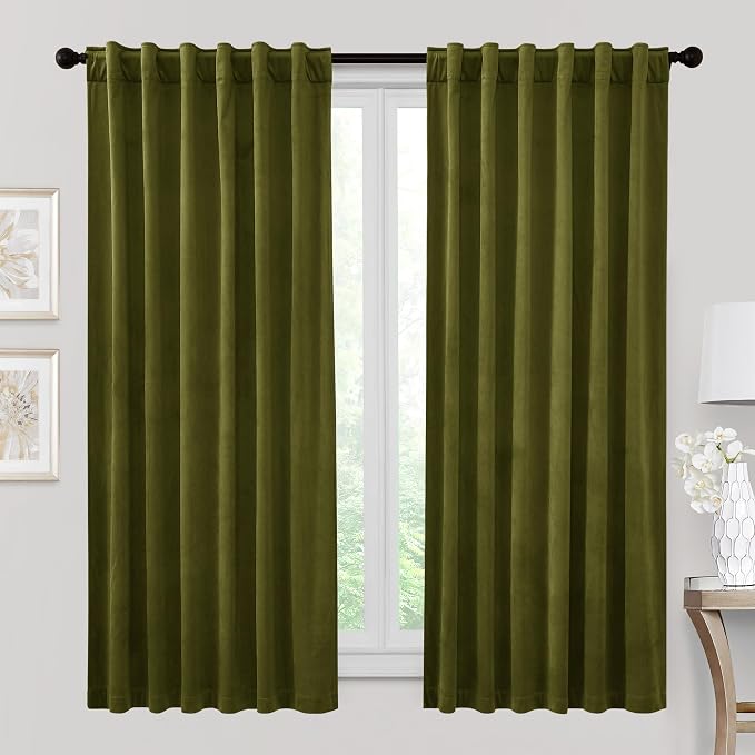 RYB HOME Moss Green Velvet Curtains & Drapes 72 inches Long for Nursery | Thermal Insulated, Privacy UV Blocking, Luxurious Soft Fabric, Back Tab, Drapes for Bedroom Bathroom, W42 x L72, 2 Panels