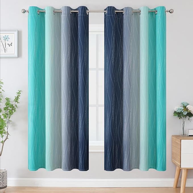 Navy Blue and Teal Gradient Blackout Curtains for Living Room 72 Inch Long | Estelar Textiler Ombre Curtains for Bedroom,Room Darkening Thermal Insulated Energy Saving Grommet Drapes,52Wx72L,2 Panels
