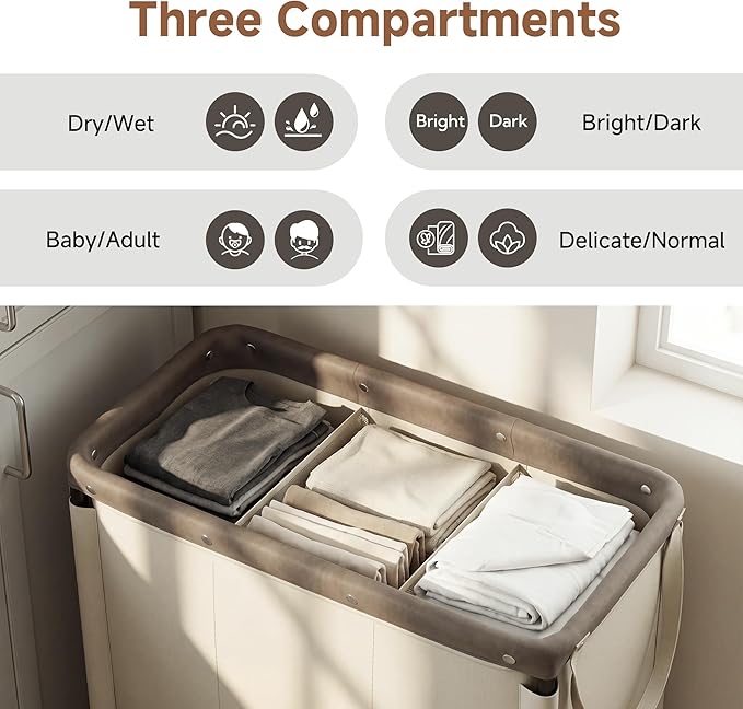 StorageWorks 2 Section Laundry Hamper, 120L Tan Sorter Cart with Wheels | 3 Section Laundry Hamper with Wheels, Tan Sorter Cart, Rolling Organizer for Bedroom, Bathroom, Apartment