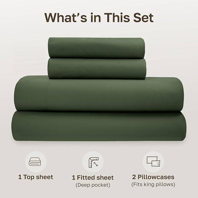 California Design Den 100% Organic Cotton King Bed Sheet Set, Olive Green | GOTS Certified, Lightweight Crisp & Airy Percale For Hot Sleepers, 15" Deep Pocket, All-around Elastic, Easy Care