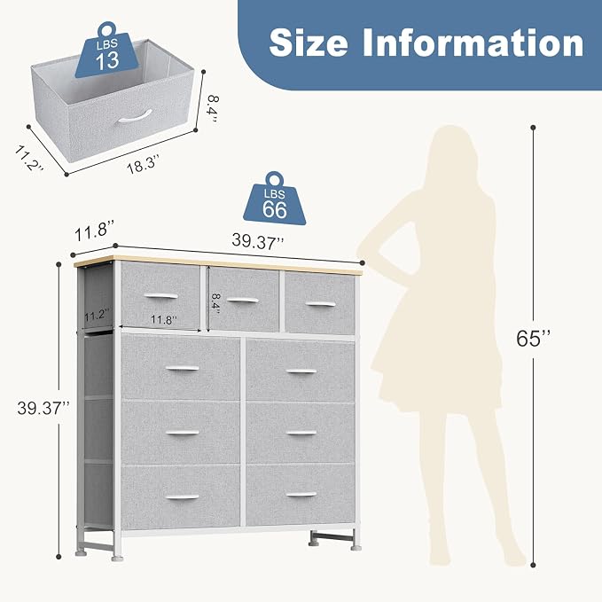 DUMOS 9 Drawer Dresser for Bedroom, Storage Organizer Chest of Drawers | Fabric Bins Storage Tower with Sturdy Metal Frame, Wood Tabletop for Closet, Light Grey
