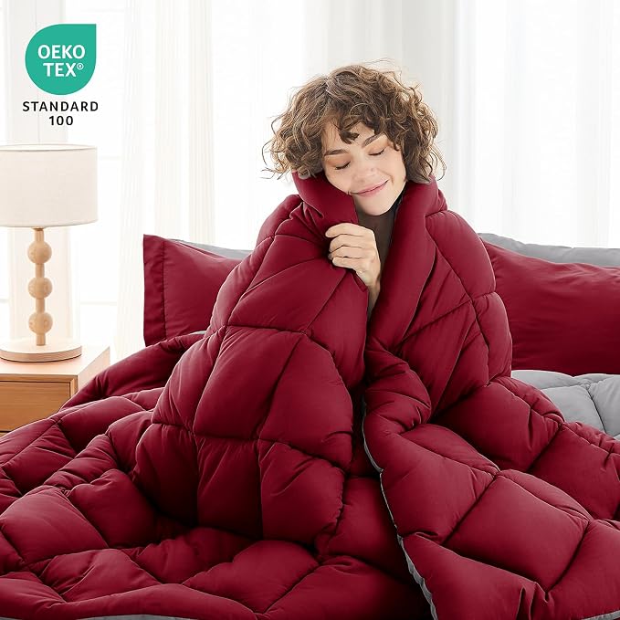 7 Pieces Oversized King Comforter Set, Reversible Bed in a Bag Oversized King Size, All Season Bedding Set with Comforter, Flat Sheet, Fitted Sheet, Pillowcases & Shams, Burgundy & Grey