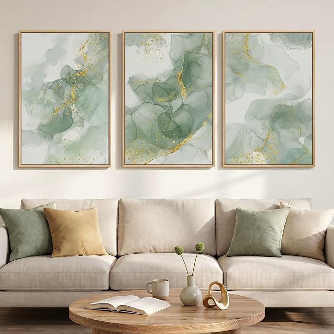 Large Framed Sage Green Abstract Wall Art for Living Room, 3 Piece 24x36 In | Green and gold pictures, Canvas prints, Modern minimalist painting, Artwork for walls, Wall decor for hallway stairway office
