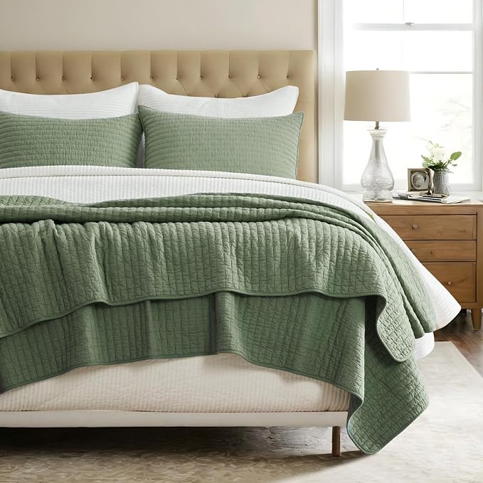 Cross Stitch Pre-Washed Cotton Quilt Bedding Set Queen Size, Oversized 3 Pieces Lightweight Bedspread Coverlet for All Season, with 2 Matching Shams, Olive Green, 92"x96"