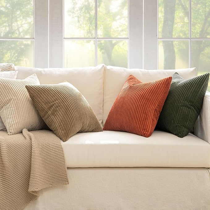 MIULEE Fall Corduroy Decorative Throw Pillow Covers Rust-Olive Green 24x24 | Set of 4, Vintage Fall Decor, Rustic Brown Green Collection, Boho Farmhouse Cushion Covers for Couch Bed Sofa Living Room