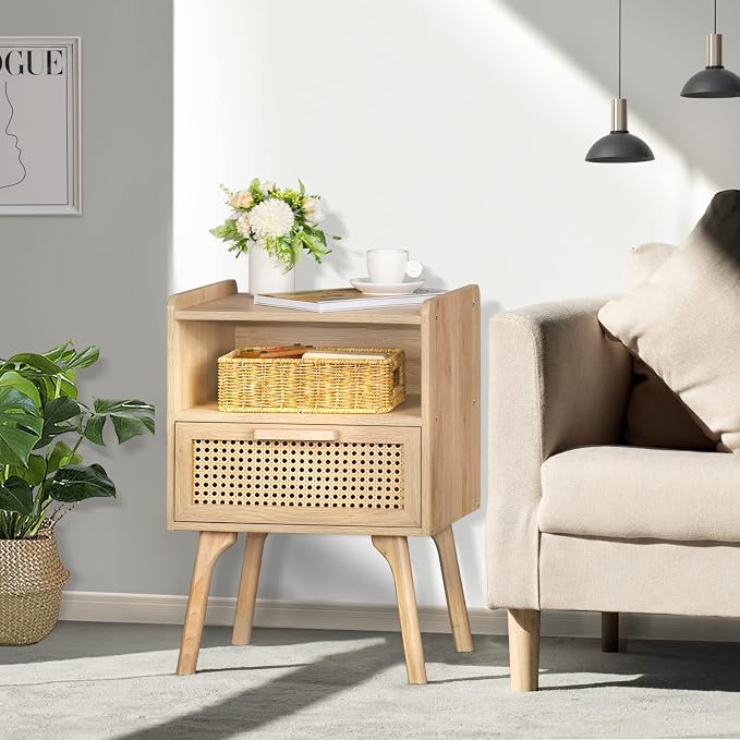 Lerliuo Rattan Nightstand, Boho Side Table with Drawer Open Shelf | Cane Accent Bedside End Table with Solid Wood Legs for Bedroom, Dorm and Small Spaces (Natural)