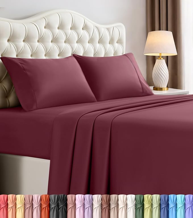California King Sheets Set, 4 Pieces 16" Deep Pocket Bed Sheets, Burgundy | Extra Soft Bedsheet Set, Comfy & Breathable Cooling Sheets, Wrinkle & Fade Resistant, Fitted Sheet, Flat Sheet, 2 Pillowcases