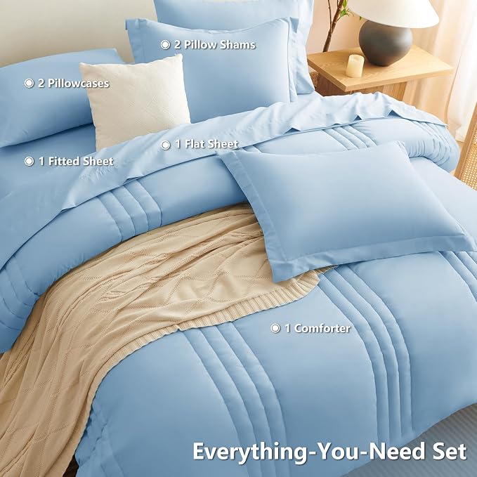 Queen Comforter Set Baby Blue - 7 Pieces Bed in a Bag | OEKO-TEX Certified, 240GSM Down-Alternative Comforter, 14" Deep-Pocket Sheets, Shams & Pillowcases, Lightweight