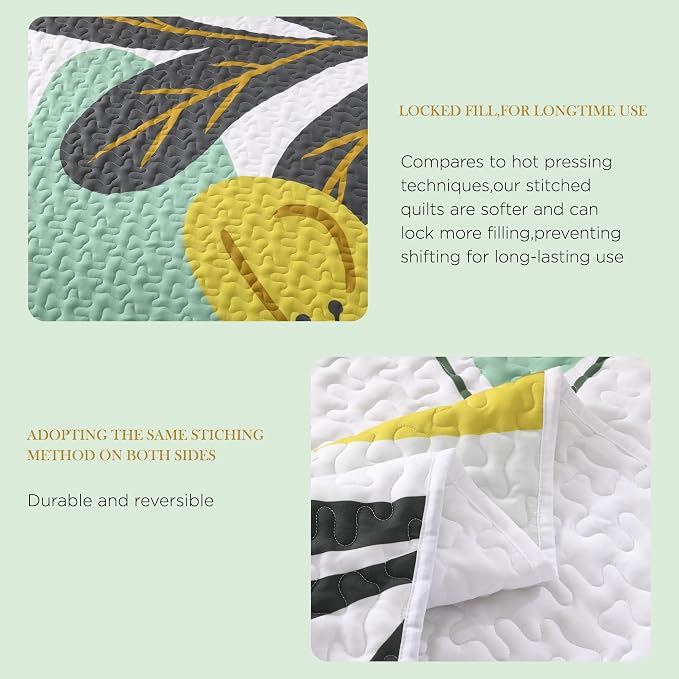 California King Quilt, Cal King Oversized Green Floral Bedspread | 3 Pieces White Boho Summer Flower Botanical Summer Bedspreads with 2 Shams, Reversible Polyester for All Seasons, 112"x104"