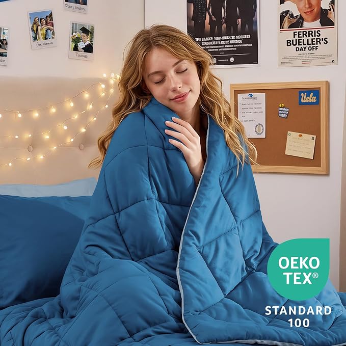 5 Pieces Twin XL Comforter Set, Reversible Bed in a Bag Twin XL Size, All Season Bedding Set with Comforter, Flat Sheet, Fitted Sheet, Pillowcases & Shams, Teal & Lake Blue