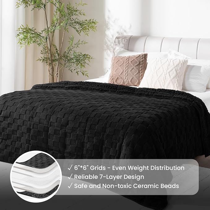 Drewin Weighted Blanket Queen Size 15lbs for Adults,Black,60 x 80 inches | Stress Relief & Better Sleep,Soft Jacquard Sherpa with Glass Beads,Machine Washable,Great for Napping,Relaxing,Reading