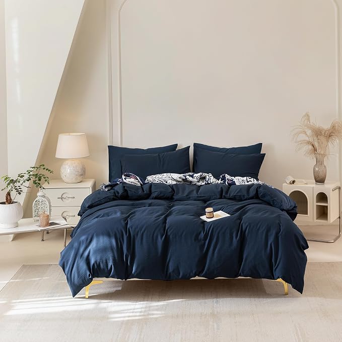 BDEAR 3Pcs Navy Blue Pinstriped Duvet Cover Set Queen Size 90''Wx90''L | Light Weight Design, 1 Duvet Cover with 2 Pillowcases, Zipper Closure, OEKO TEX Standard,8 Corner Ties, Skin Friendly