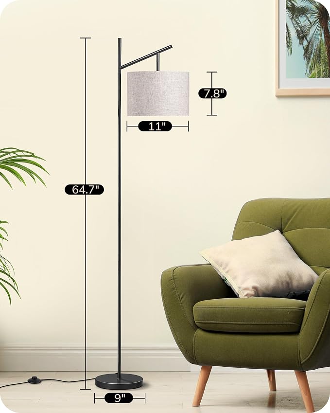 EDISHINE Modern Black Floor Lamps for Living Room, 64.7" Arc Standing Lamp | 3 Color Temperatures, Bulb Included, Adjustable Linen Shade, Foot Switch, Minimalist for Bedroom, Office, Nursey