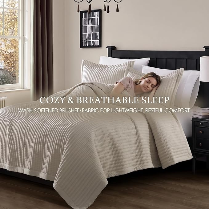 WDCOZY Beige Twin Size Quilt Set, Striped Pick Stitch Bedspread | Lightweight Soft Channel Coverlet, Spring Summer Thin Comforter, Farmhouse Rustic Country Bedding