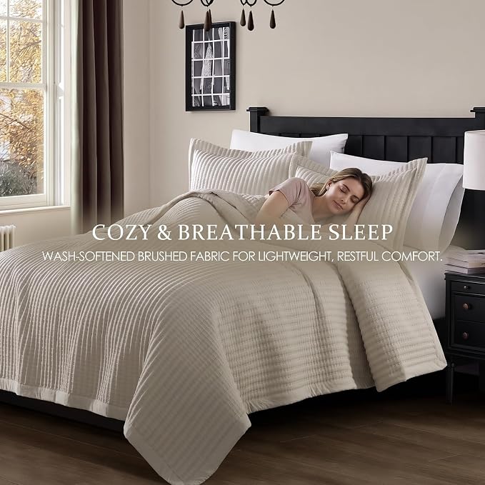 WDCOZY Beige King Size Quilt Set, Striped Pick Stitch Bedspread | Lightweight Soft Channel Coverlet, Spring Summer Thin Comforter, Farmhouse Rustic Country Bedding