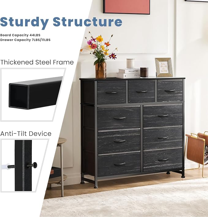 DUMOS 9 Drawer Dresser for Bedroom, Storage Organizer Chest of Drawers | Fabric Bins Storage Tower with Sturdy Metal Frame, Wood Tabletop for Closet, Black Wood