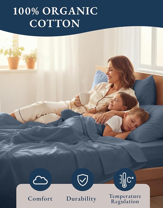 LANE LINEN Queen Bed Sheet Set 100% Organic Cotton 4pc Soft - Estate Blue | Queen Sheets In GOTS Certified Organic Cotton Percale - Crisp Cool Percale Weave, Great For Gifting, Crisp, Cool & Breathable