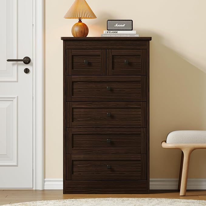 wanan Tall 6 Drawer Dresser for Bedroom, Walnut Modern 43.3'' Tall Wood Chest of Drawers, Storage Organizer with Smooth Metal Rails & Anti-Tip Kit for Closet, Hallway, Living Room