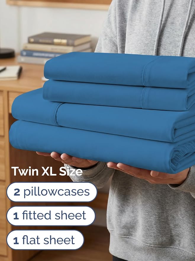 Extra Deep Twin XL Sheet Set - 4 Piece College Dorm Room - Denim Blue | College Dorm Room Essentials, Easy & Secure Fit, Ultra-Soft, Wrinkle & Fade Free, Comfy Sheets Set with Extra Deep Pockets