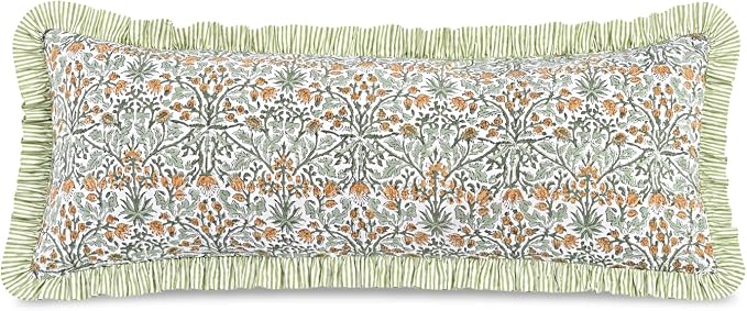 Ridhi Block Print Goldenrod Yellow Ruffle Lumbar Pillow Shams, 36" x 14" | 100% cotton, Floral Pillowcase, Cushion Cover, Hidden Zipper, Cottagecore Bedding, farmhouse boho style, fits couch, sofa,Bed