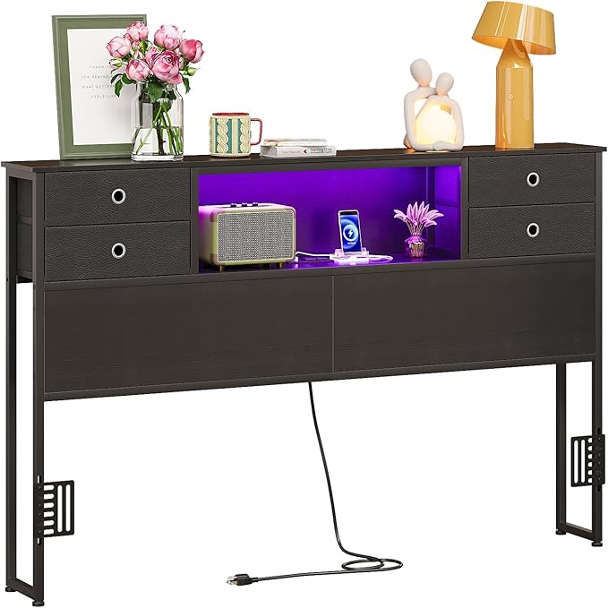 GiftGo Queen Size Headboard with 4 Fabric Storage Drawers Charging Station LED Light Adjustable Height Storage Rack Sturdy and Stable Metal Frame & Wood Shelf (Black, Queen (U.S. Standard))