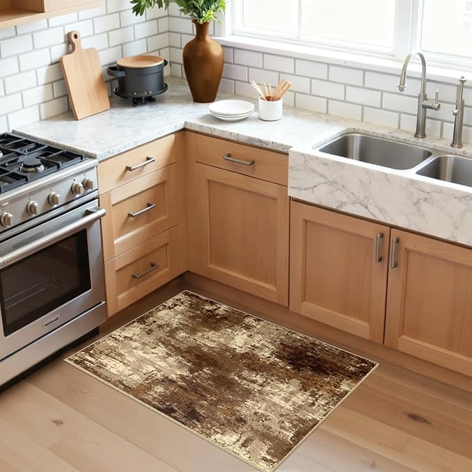 RELEANY Washable 2'x3' Abstract Area Rug for Living Room Brown Tan | Carpet for Bedroom, Kitchen, Office, Hallway and Entryway, Printed Pattern, Non‑Slip, Soft, Stain‑Resistant, Easy to Clean