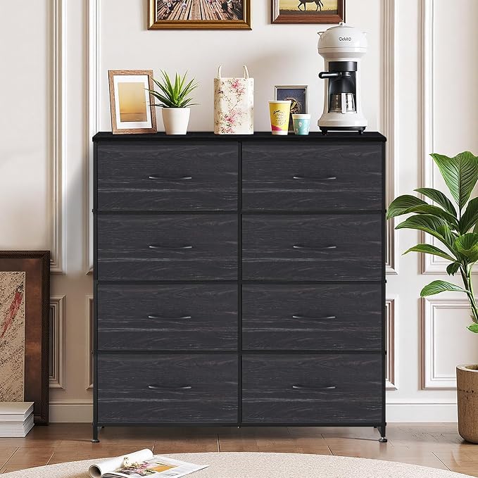 8-Drawer Dresser for Bedroom, Anti-Tip Tall Storage Organizer | Chest of Drawers with Wooden Top and Metal Frame Fabric Bins for Closet, Living Room, Hallway, Entryway, Charcoal Black