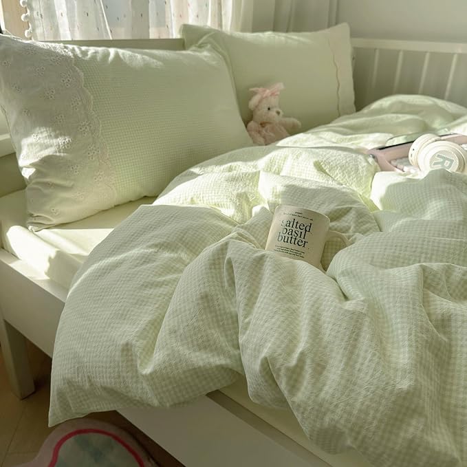 mixinni Green Gingham Duvet Cover Queen Size - 3 Piece Cottagecore Plaid Bedding Set with Lace Trim, Soft Washed Microfiber Vintage Aesthetic Grid Comforter Cover & Pillow Shams, (Green White Gingham)