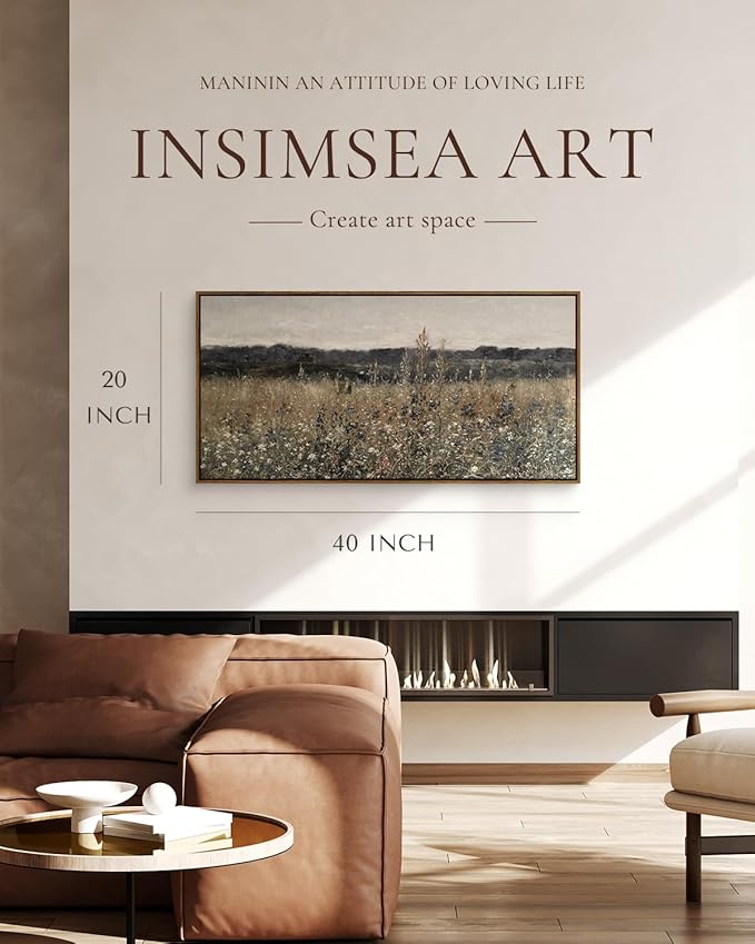 InSimSea Extra Large Framed Vintage Wall Art, Flower Meadow Prints,20x40In | Living Room Country Farmhouse Decor, Canvas Landscape Paintings, Retro Long Pictures for Bedroom Above of Bed