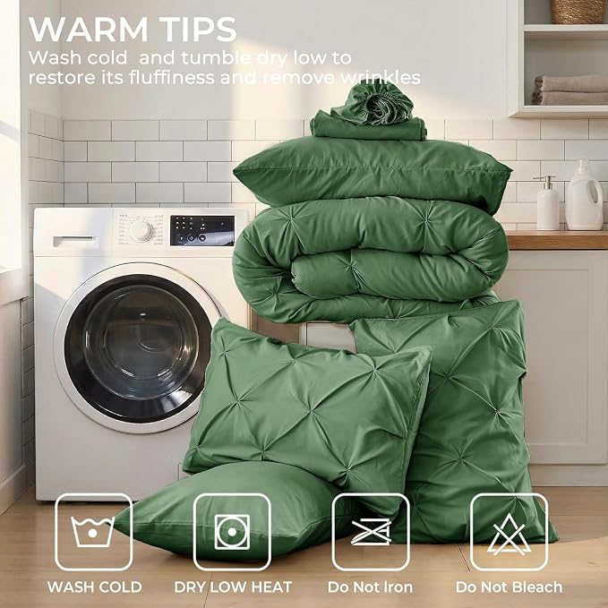 Sasttie King Size Comforter Set, 7-Piece Bed in a Bag, Pintuck Bedding Set for All Season, Includes Comforter, Flat Sheet, Fitted Sheet, Pillowcases and Pillowshams, Forest Green